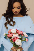 Embellished Cape-Sleeve Modest Two-Piece Gown-Blue