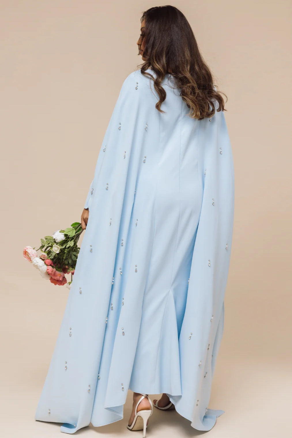 Embellished Cape-Sleeve Modest Two-Piece Gown-Blue