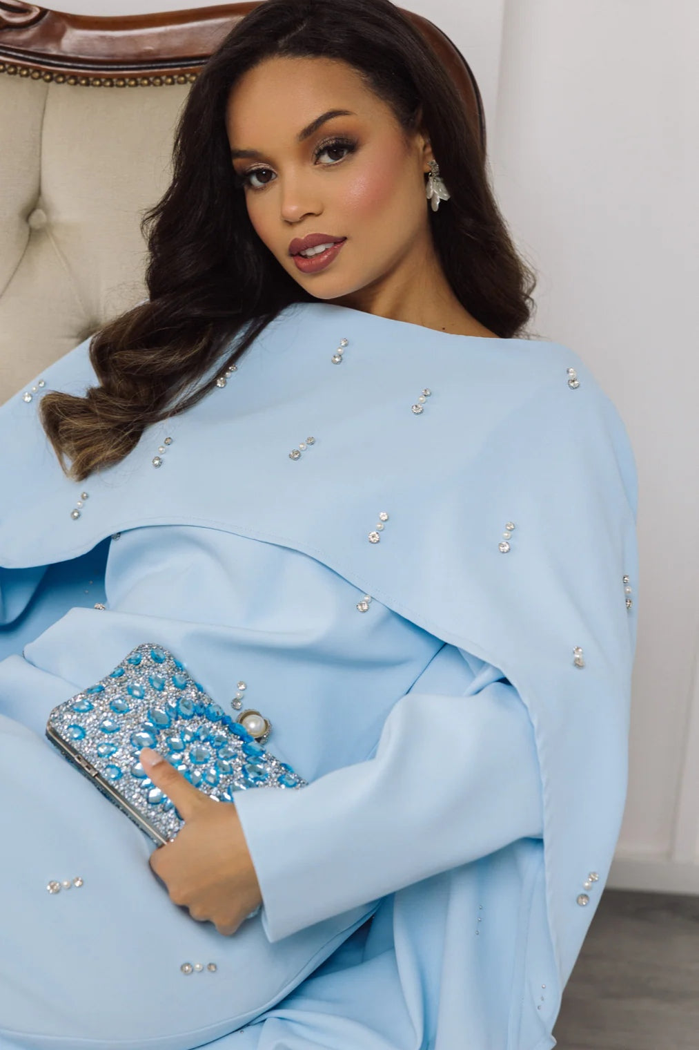 Embellished Cape-Sleeve Modest Two-Piece Gown-Blue