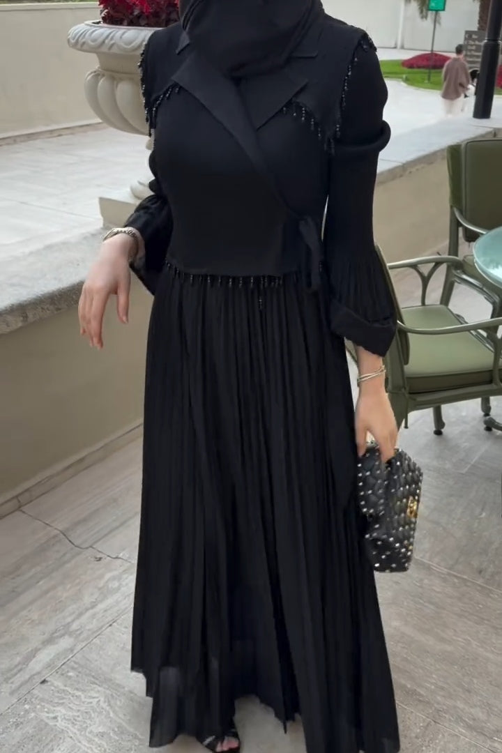 Dalia Beaded Lapel Tie Waist Pleated Maxi Dress