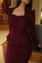 Hana 3D Floral Peplum Two Piece Suit-Wine