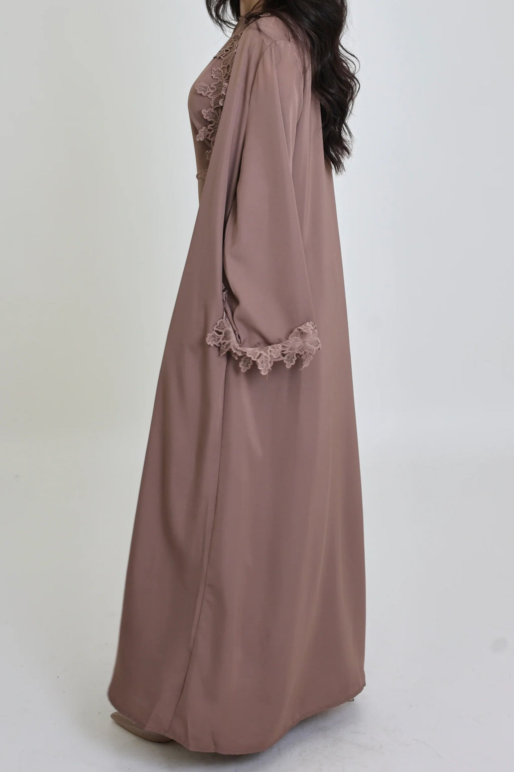 Sahara Floral Lace Trim Two Piece Abaya Set-Khaki
