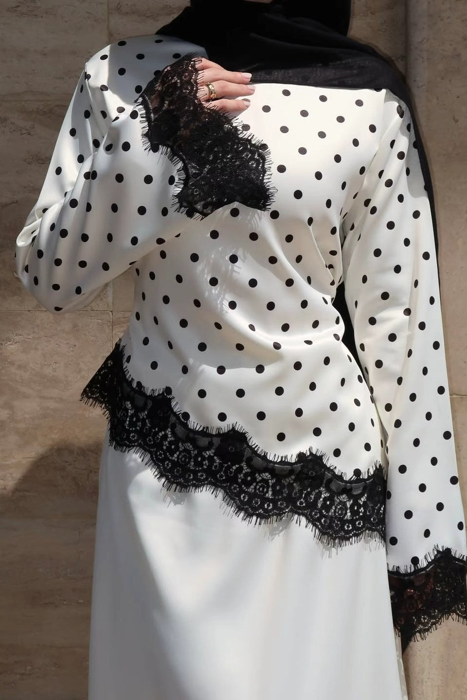 Zahra Polka Dot Lace Trim Satin Blouse-White