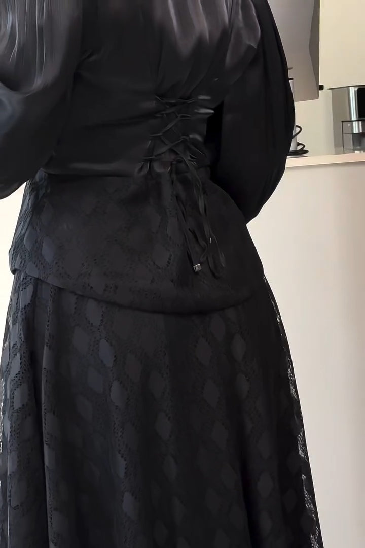 Amara Neck Tie Balloon Sleeve Lace Two Piece Set