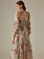 Candice Floral Ruffled Tulle Midi Dress-Apricot