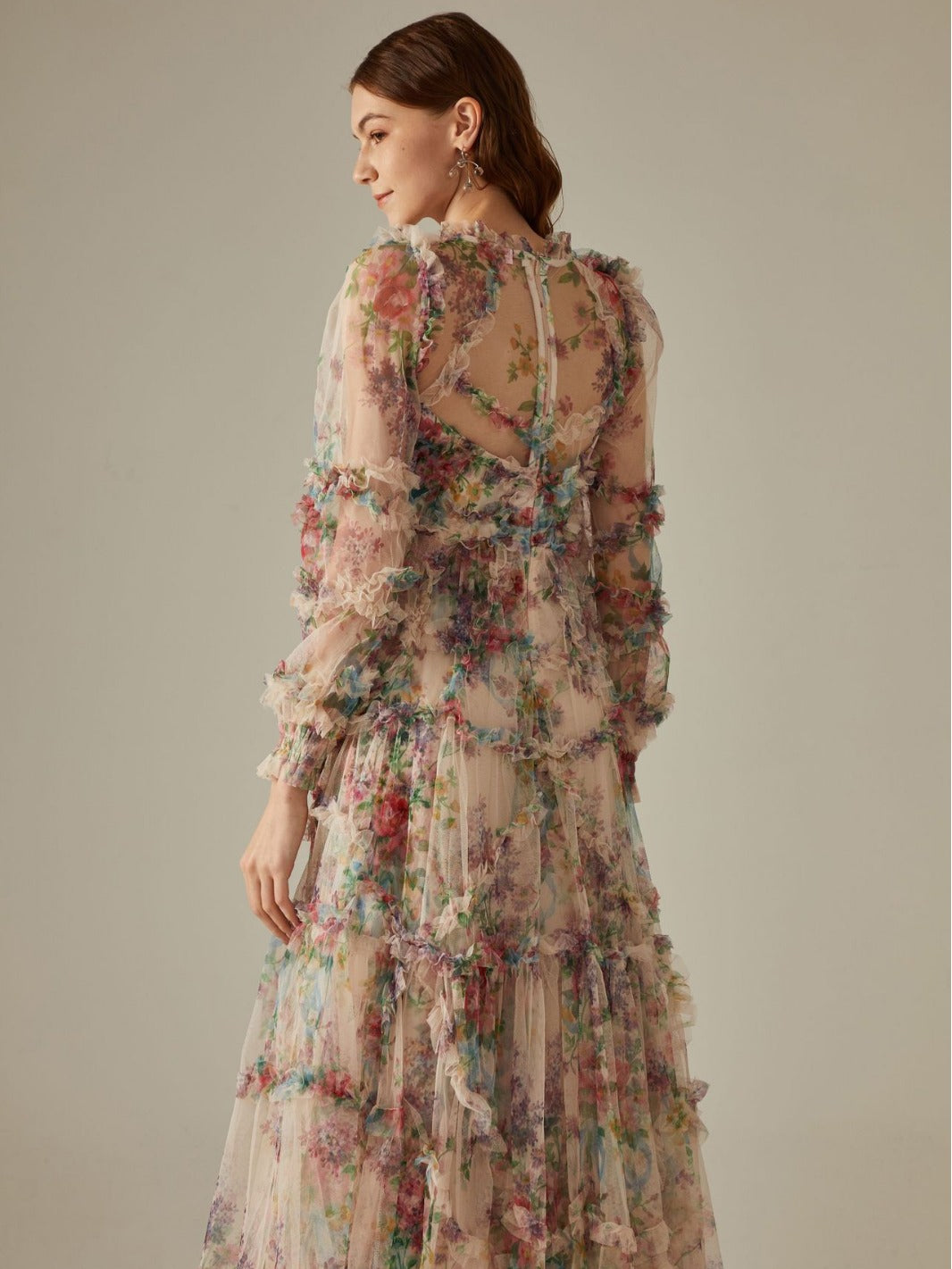 Candice Floral Ruffled Tulle Midi Dress-Apricot
