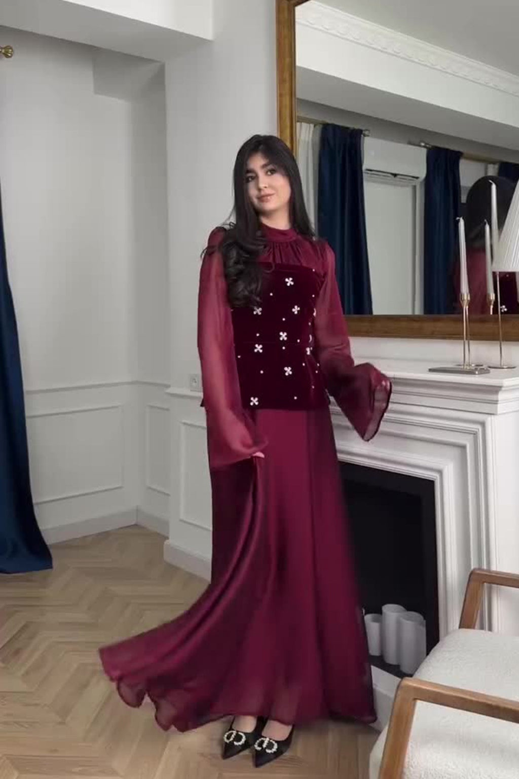 Ranya Beaded Velvet Flare Sleeve Maxi Dress