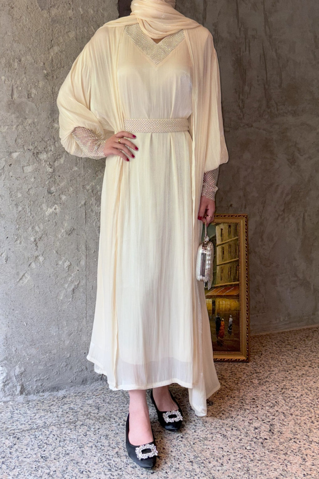 Sara Rhinestone Cuff Two-Piece Abaya-Apricot
