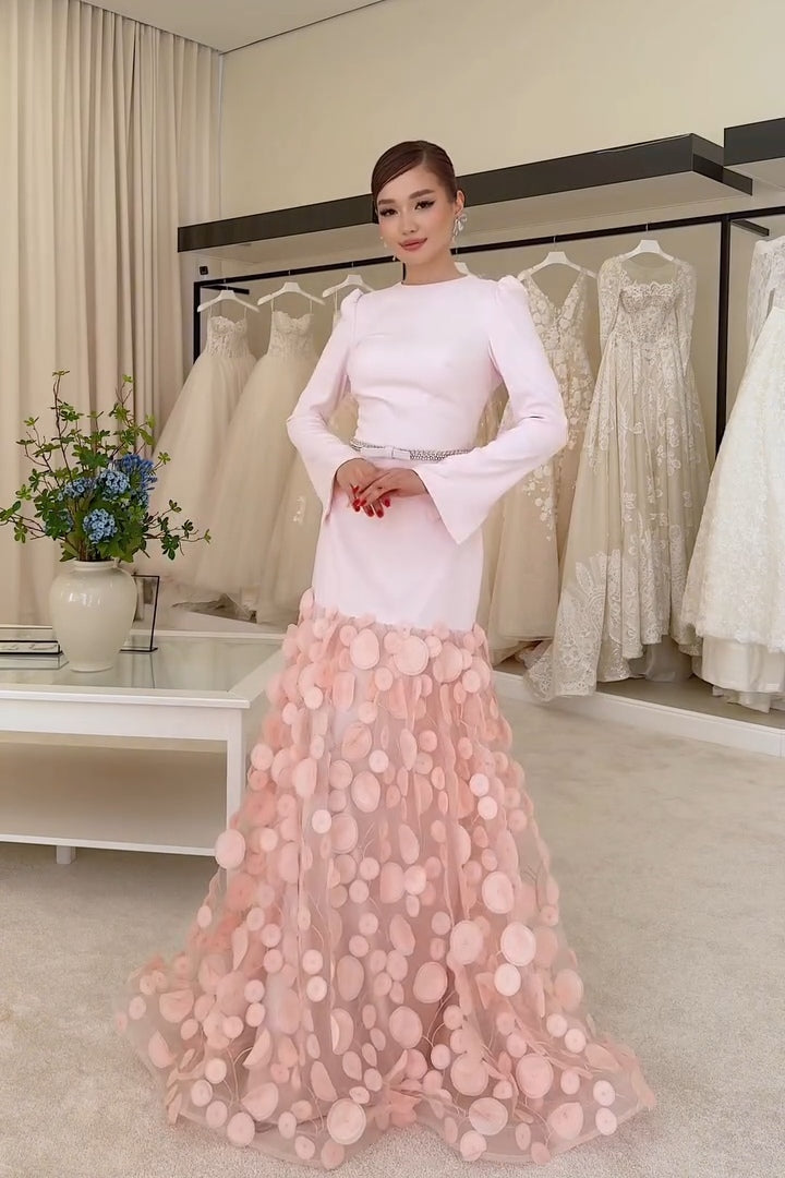 Vera 3D Petal Flare Sleeve Maxi Dress-Pink