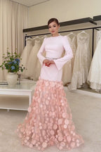 Vera 3D Petal Flare Sleeve Maxi Dress-Pink