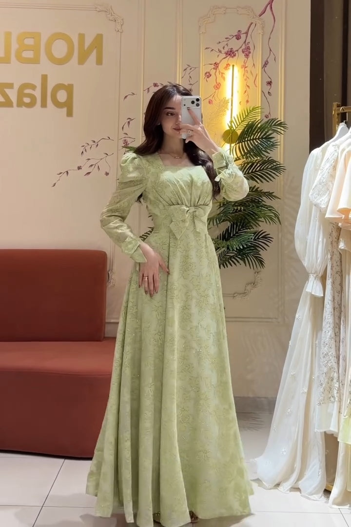 Elara Bow Floral Puff Sleeve Midi-Green