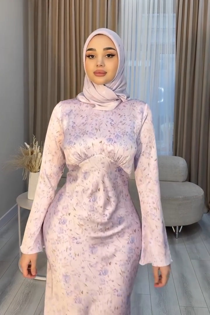 Aisha Bust Gathered Floral Satin Maxi Dress