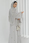 Floral Embroidered Abaya & Hijab Set-Grey