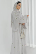 Floral Embroidered Abaya & Hijab Set-Grey