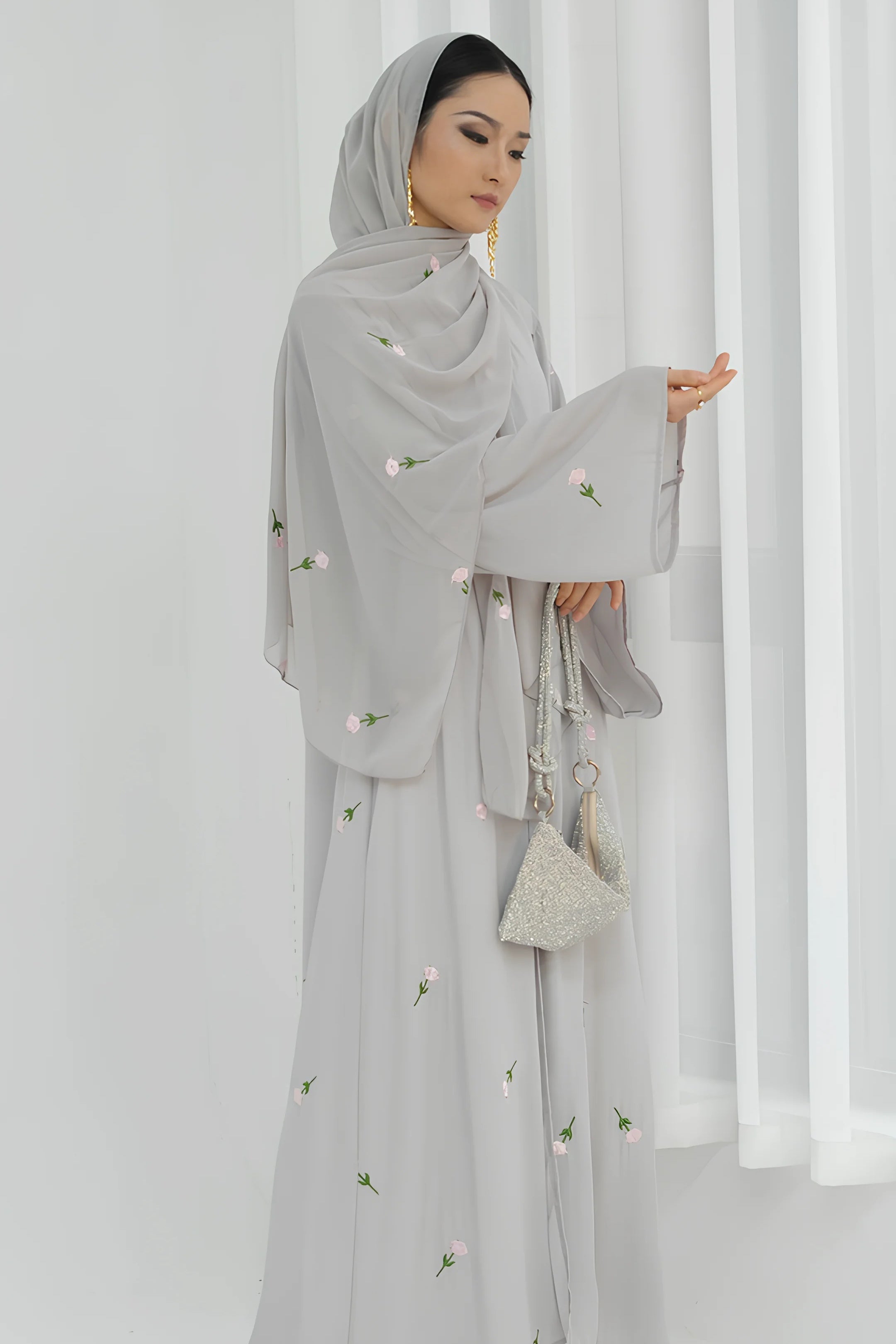 Floral Embroidered Abaya & Hijab Set-Grey