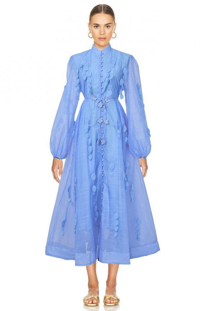 Amara Petal Applique Tie Waist Midi-Blue
