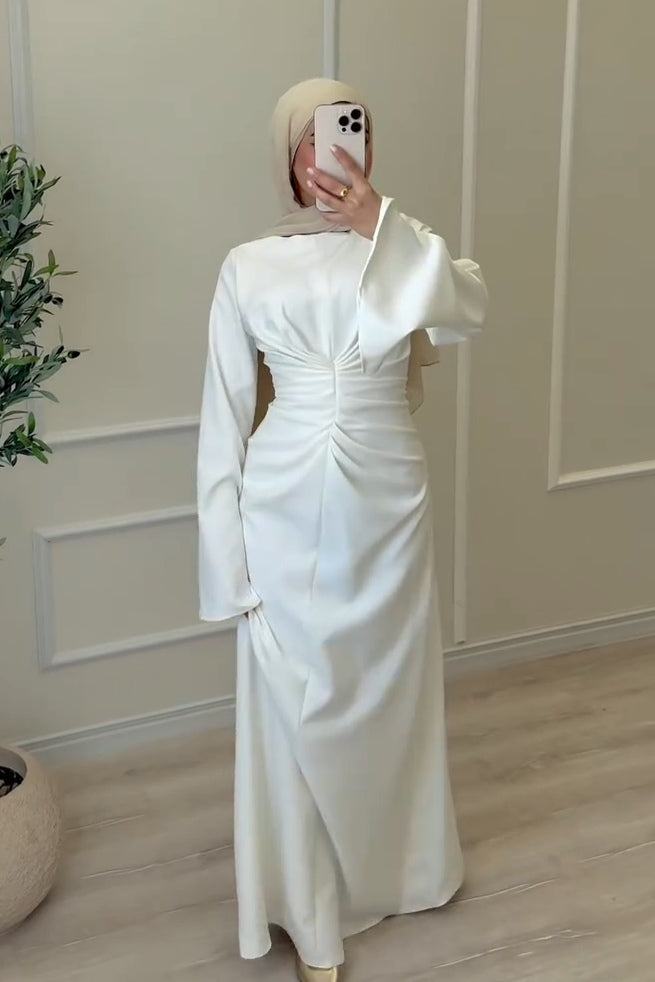 Center Ruched Satin Bell Sleeve Maxi Dress