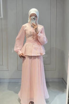 Elena Peplum Pleated Skirt Two Piece Set-Pink