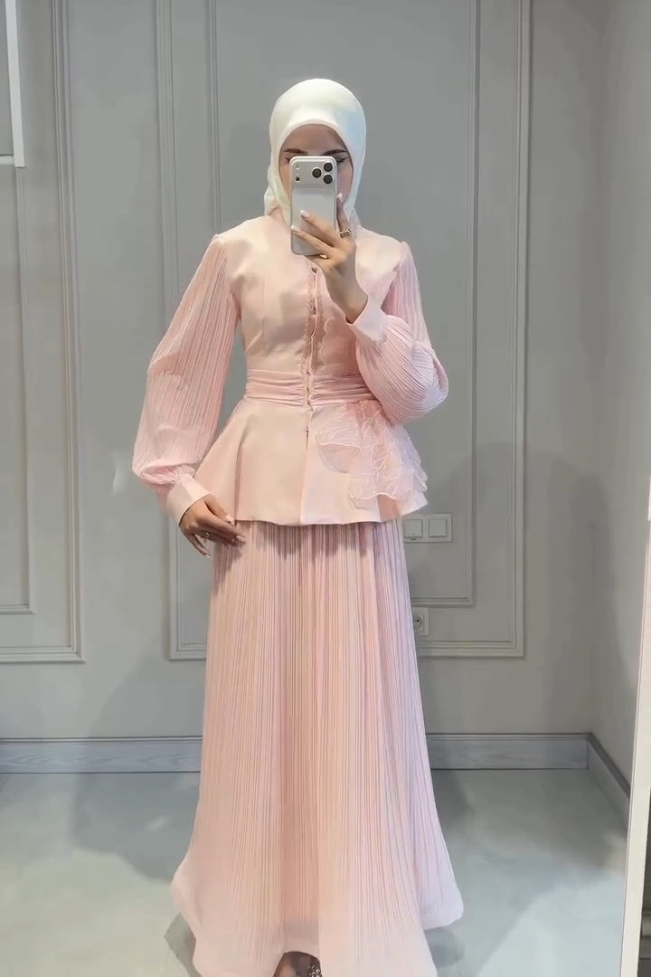 Elena Peplum Pleated Skirt Two Piece Set-Pink