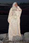 Zahra Floral Jacquard Open Abaya Set-Apricot