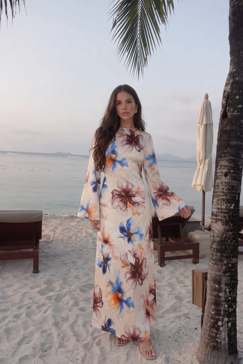 Large Floral Print Bell Sleeve Maxi Dress-White