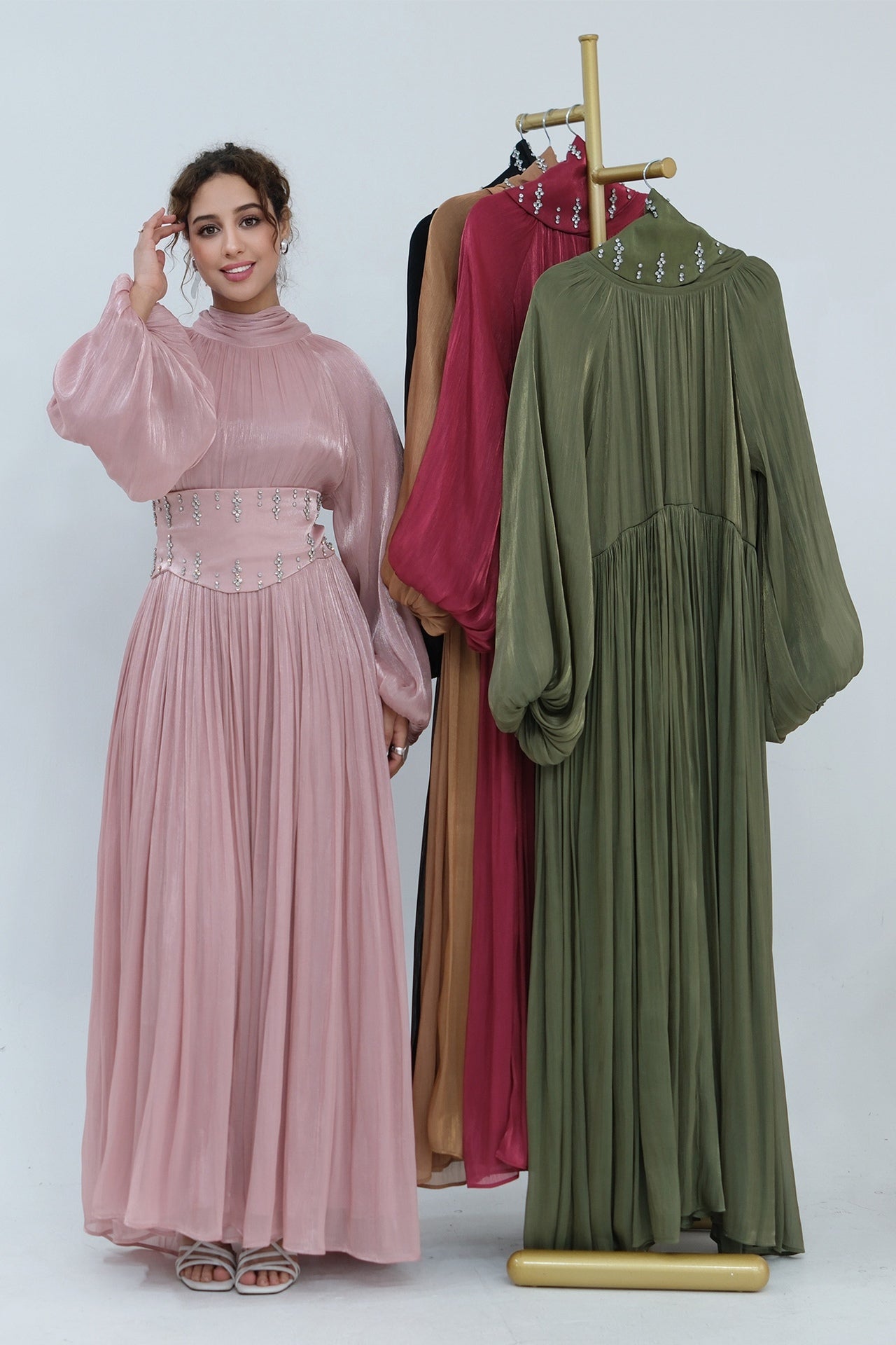 Rania Beaded Waist Shimmer Maxi-Green