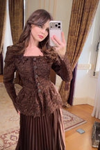 Lace Peplum Jacket and Pleated Maxi Skirt Two-Piece Set-Brown
