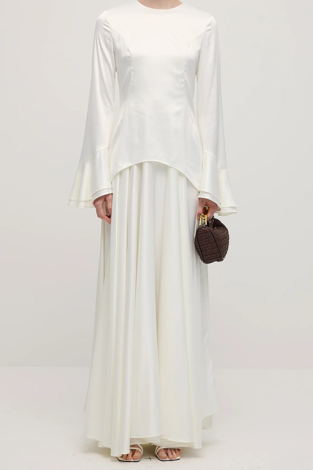 Minimalist Solid-Color Loose-Fit Top and Maxi Skirt Two-Piece Set-White