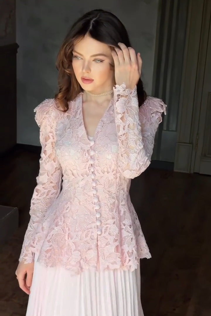 Romantic Chantilly Lace Peplum Set-Pink
