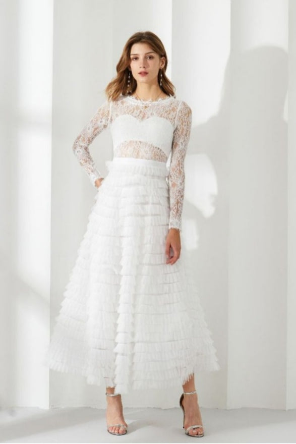 Jayleen Hollow Lace A-line Maxi Dress-White