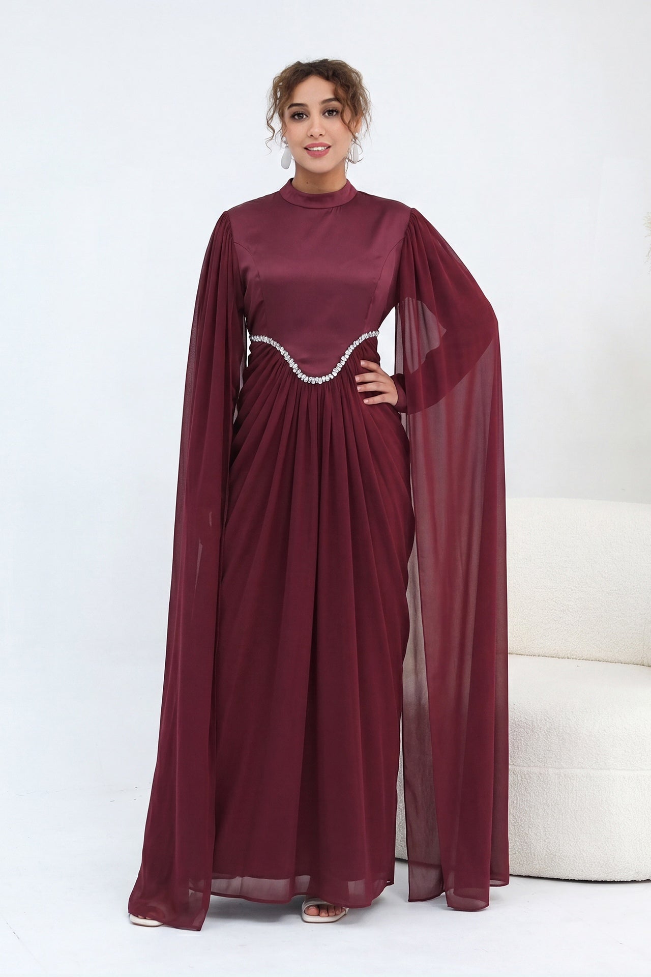 Lina Crystal Waist Cape Sleeve Maxi Dress-Wine
