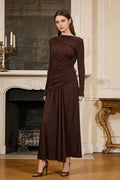 Hana Draped Ruched Split Maxi Dress-Coffee
