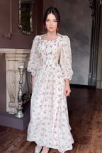Sophia Square Neck Puff Sleeve Floral Maxi Dress-Pink