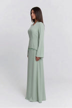 Nur V Neck Beaded Two Piece Abaya-Green