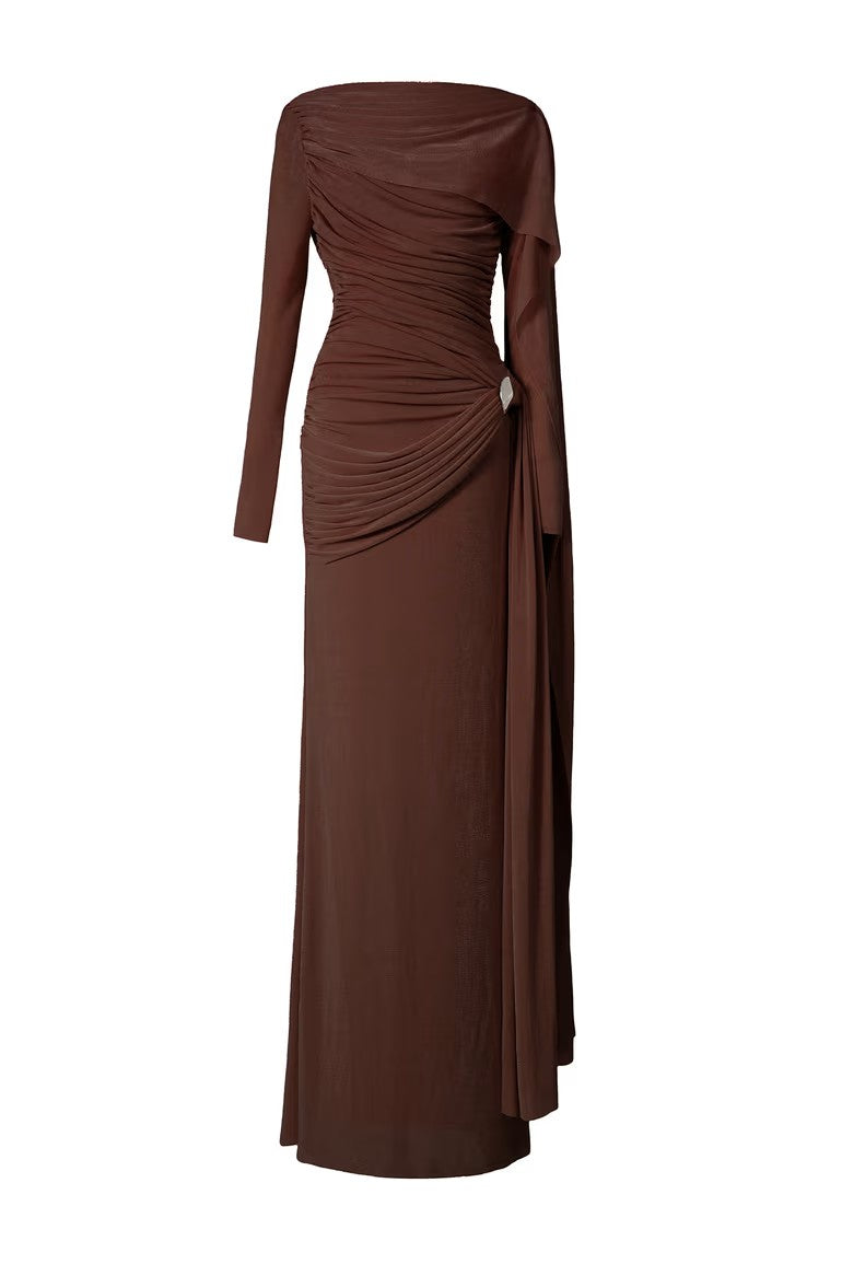 Elegant Solid-Color Slim-Fit Maxi Dress-Brown