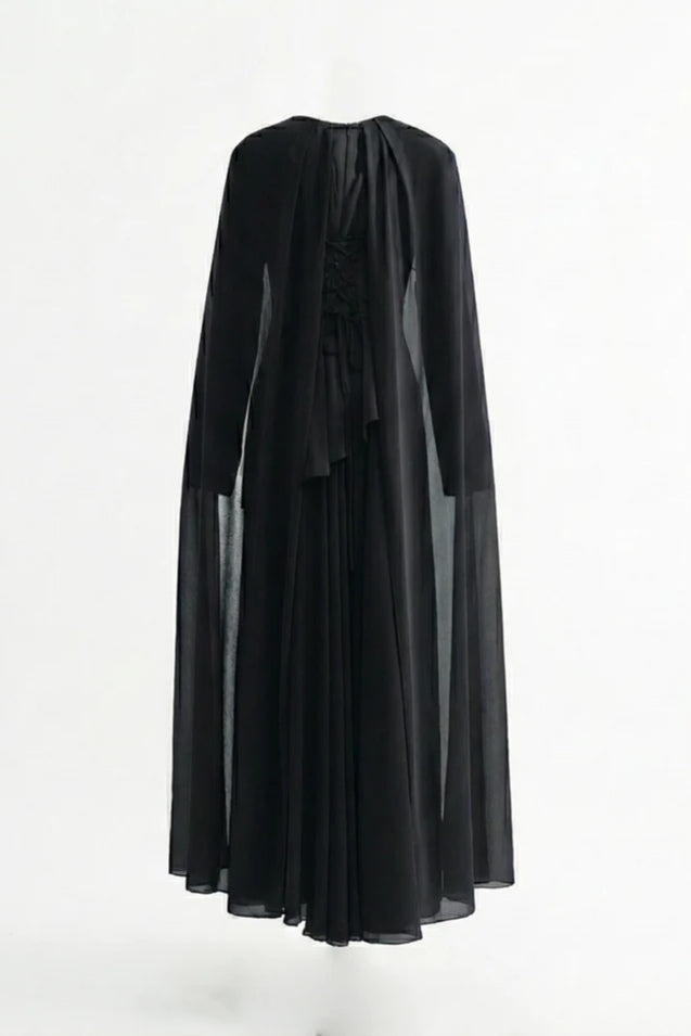 Sofia Peplum Cape Maxi Dress-Black