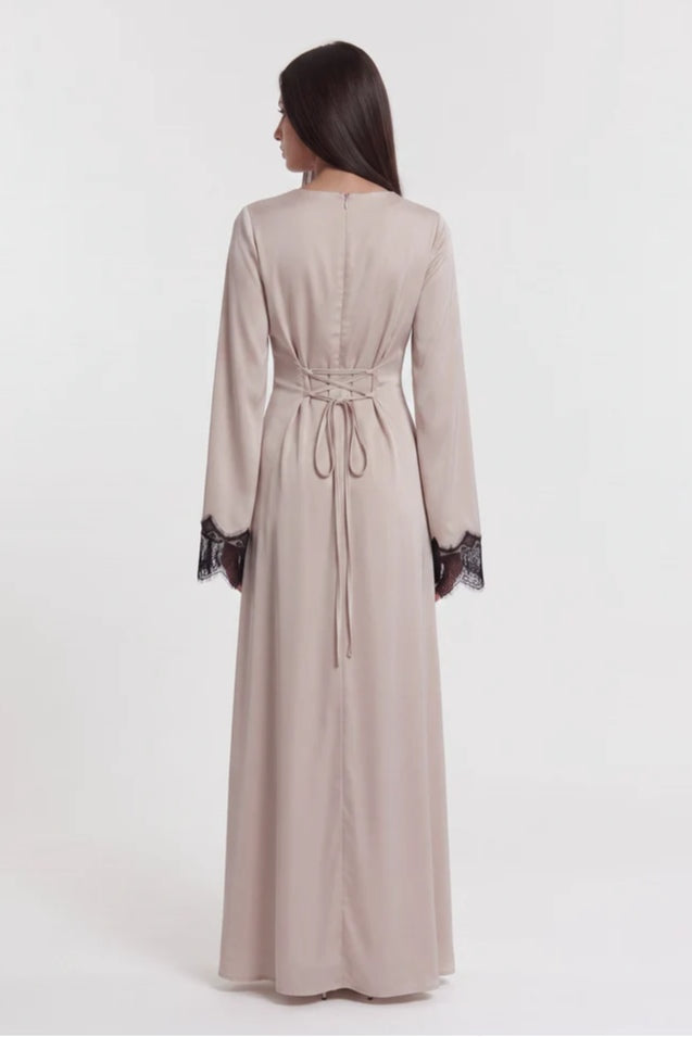 Lace-Trimmed Cape Overlay Modest Maxi Dress-Grey