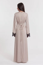 Lace-Trimmed Cape Overlay Modest Maxi Dress-Grey