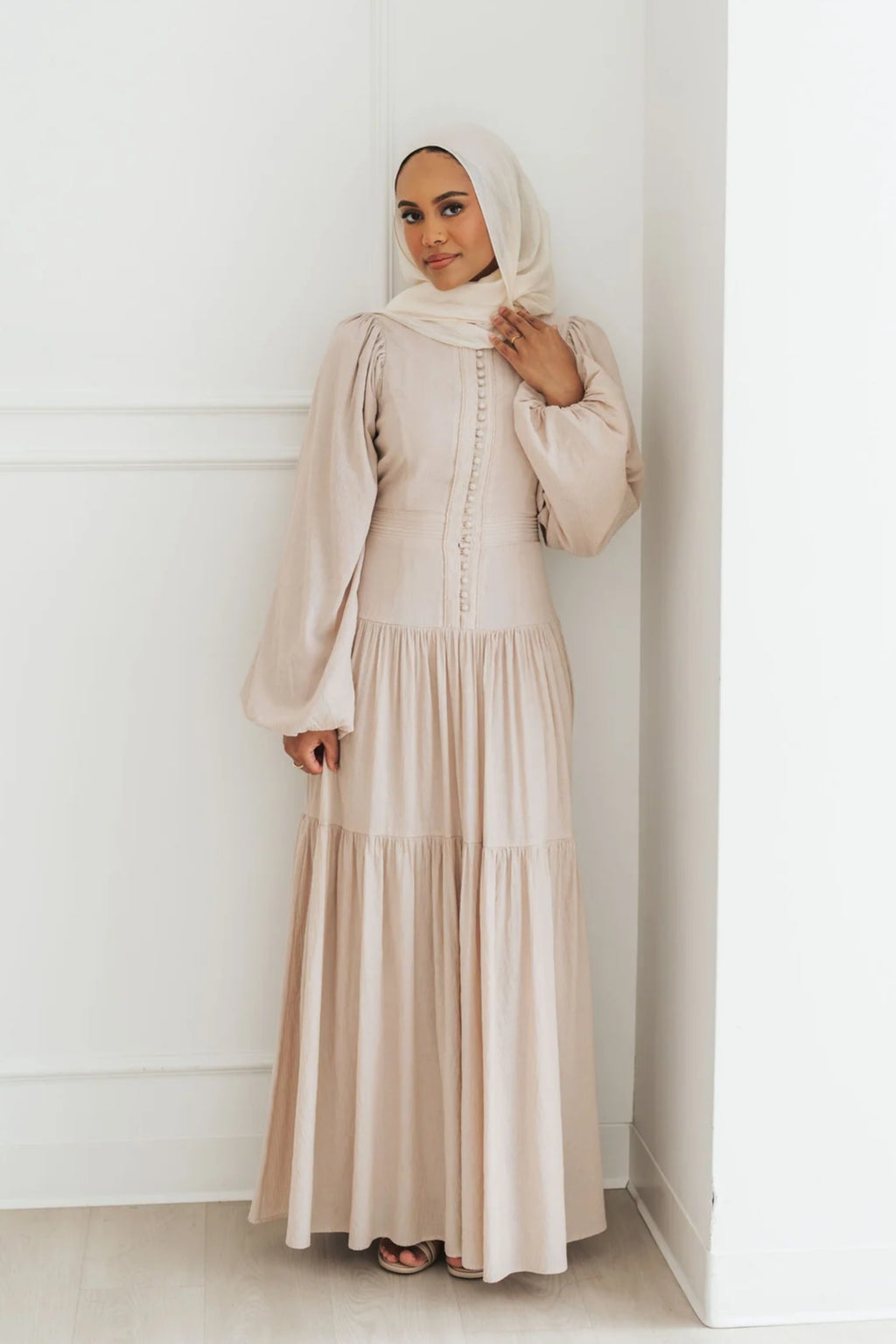 Button-Down Lantern Sleeve Maxi Dress-Grey