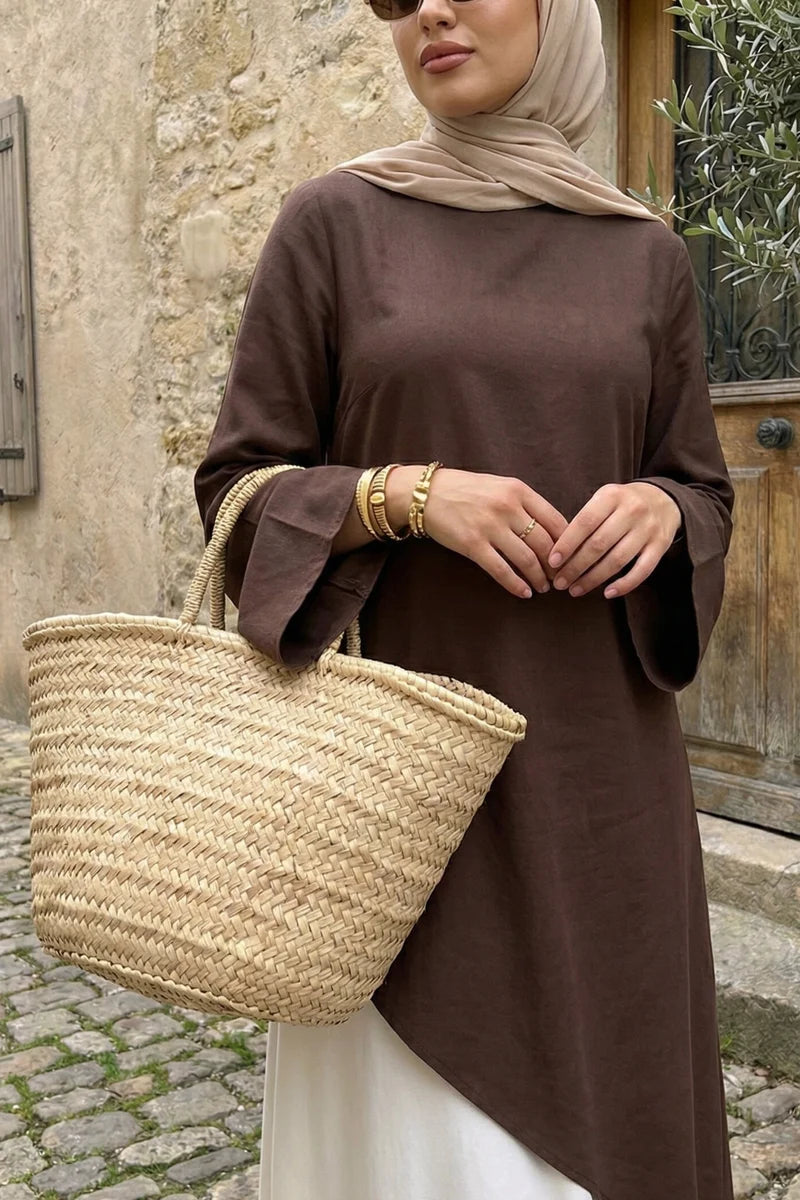 Zoe Asymmetrical Flare Sleeve Tunic Top-Coffee