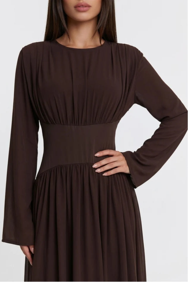 Iris Gathered Waist Flare Sleeve Maxi Dress-Coffee