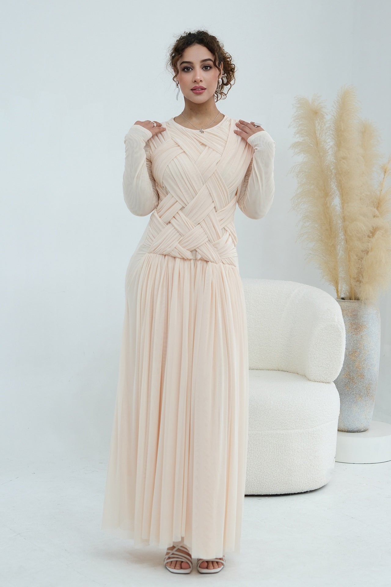 Grace Woven Mesh Maxi Dress-Apricot