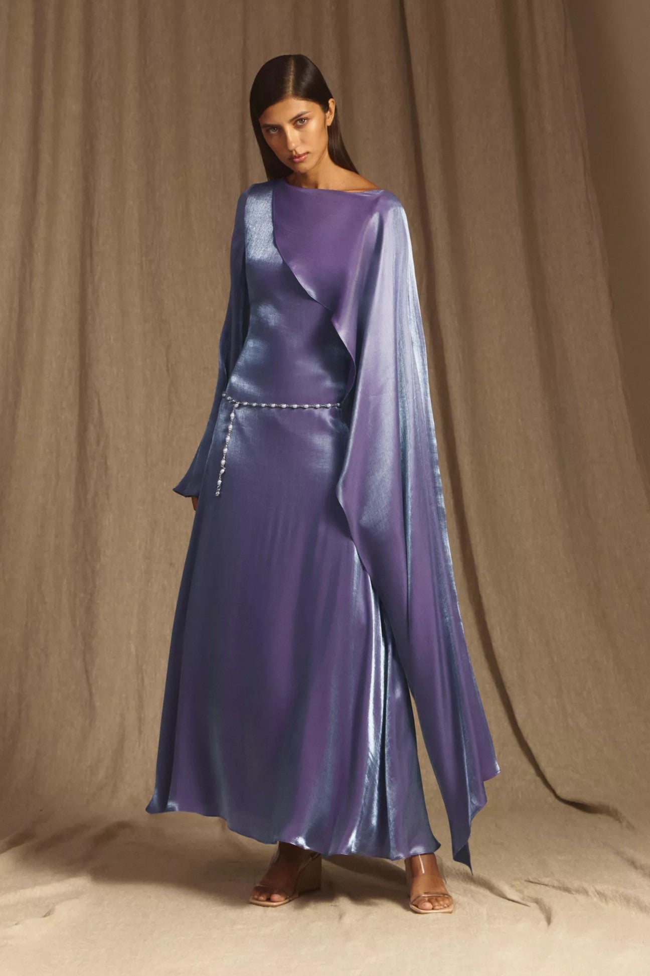 Elegant Cape-Sleeve Modest Maxi Dress-Purple