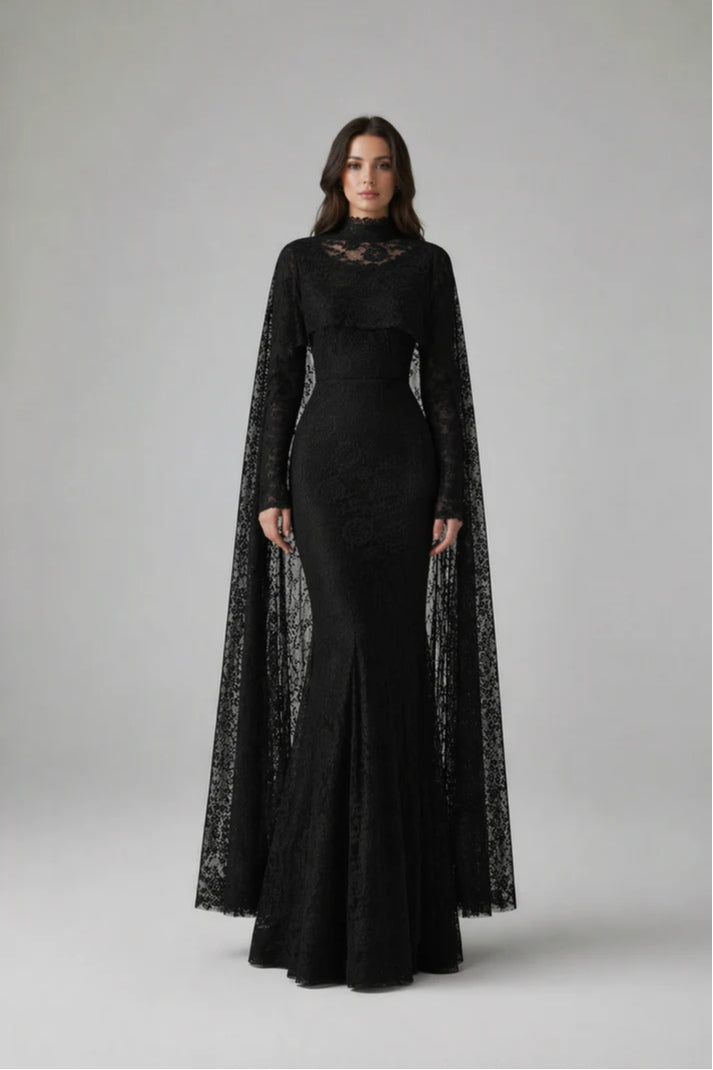 Lila Cape Sleeve Lace Mermaid Maxi Dress-Black