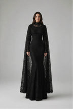 Lila Cape Sleeve Lace Mermaid Maxi Dress-Black