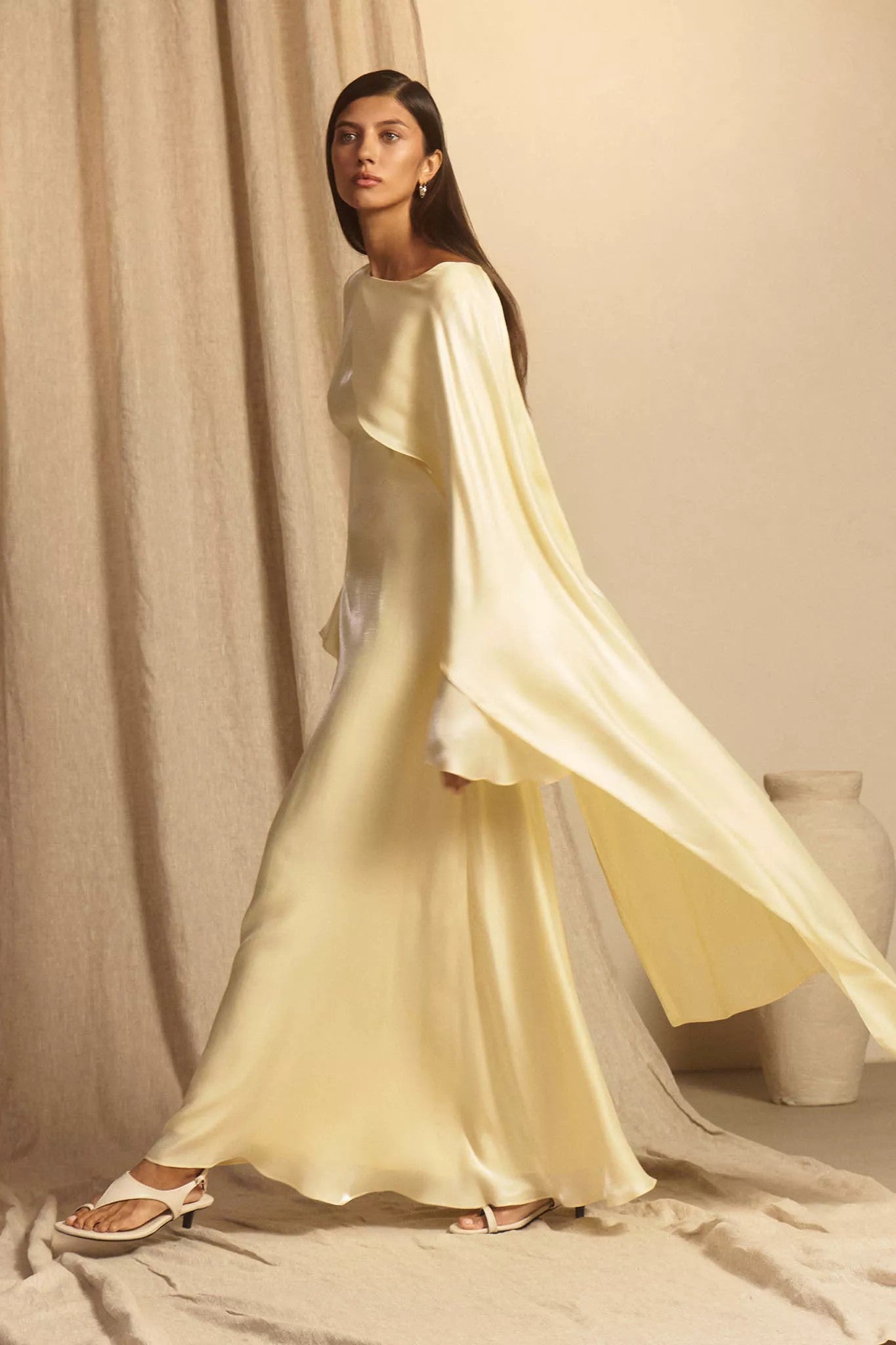 Elegant Cape-Sleeve Modest Maxi Dress-Yellow