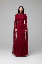Lila Cape Sleeve Lace Mermaid Maxi Dress-Red