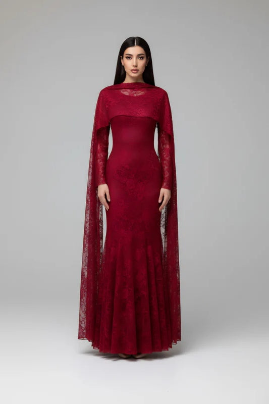 Lila Cape Sleeve Lace Mermaid Maxi Dress-Red