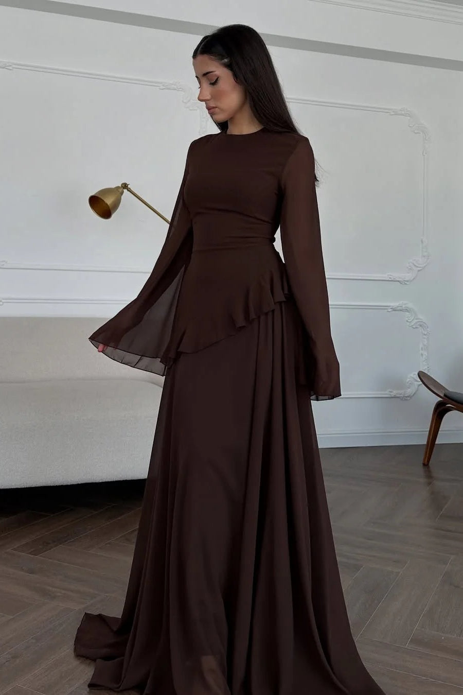 Elegant Luxury Lightweight Long Sleeve Maxi Dress-Brown