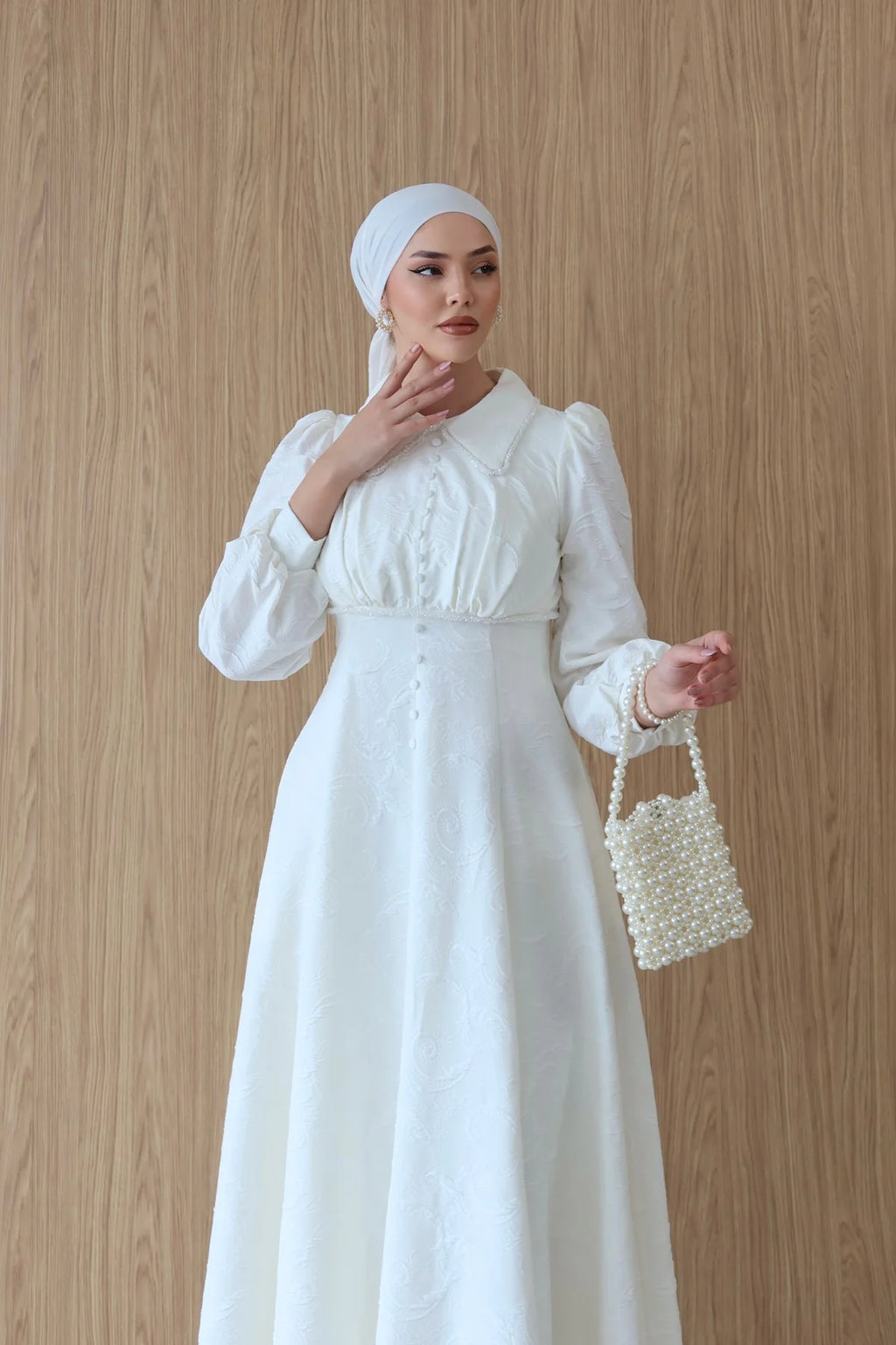 Anna Beaded Collar Jacquard Dress